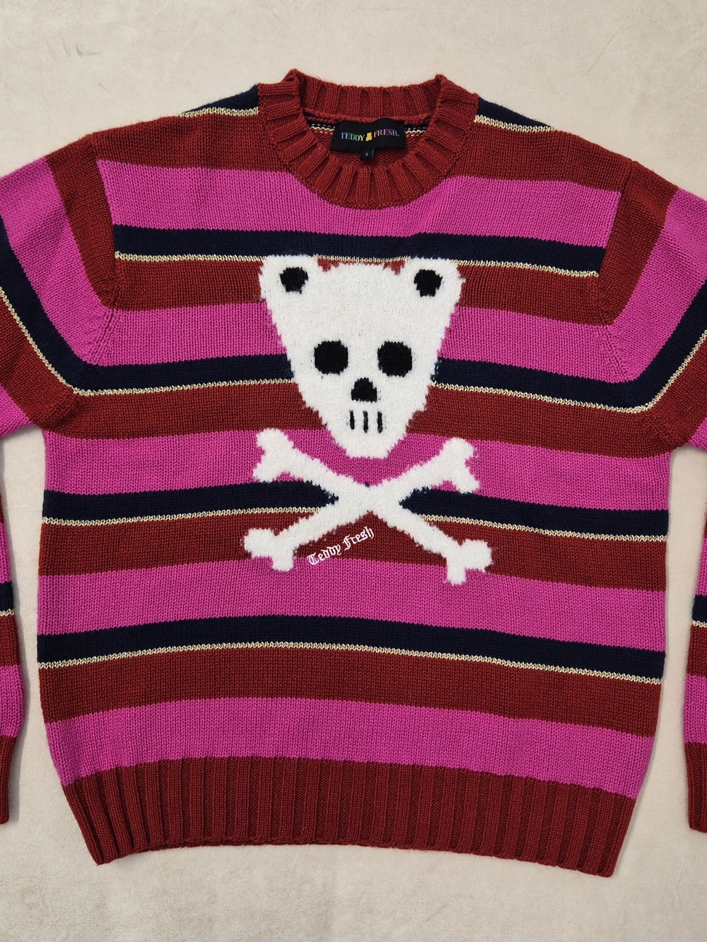 Teddy Fresh Women's Pink & Red Striped Skull Sweater